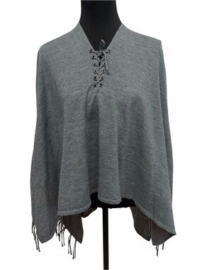 Quagga Green Label Gray Lace Up Fringe Poncho Sweater